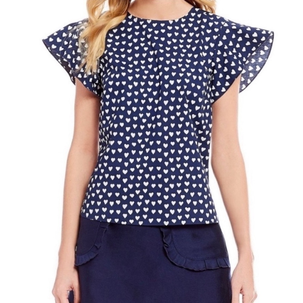 Draper James Blue White Hearts Cloister Blouse Size 8 Flutter Sleeves
